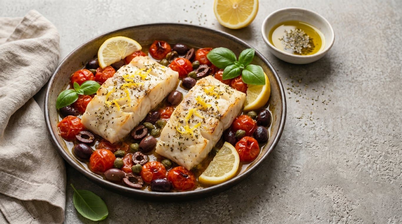 Baked Cod with Olives, Capers & Tomato