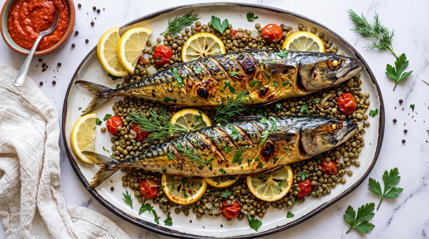 Baked Mackerel with Lentils & Lemon