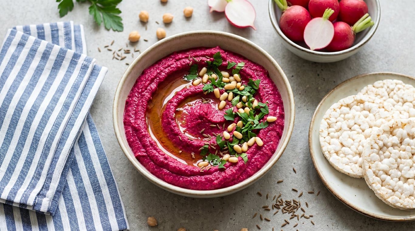 Beet Hummus with Rice Crackers